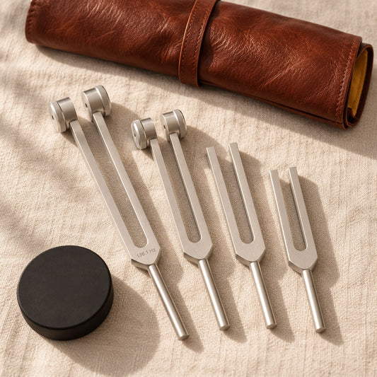 King Healing tuning fork set: two weighted and two unweighted aluminum forks, activator puck and leather roll pouch on linen