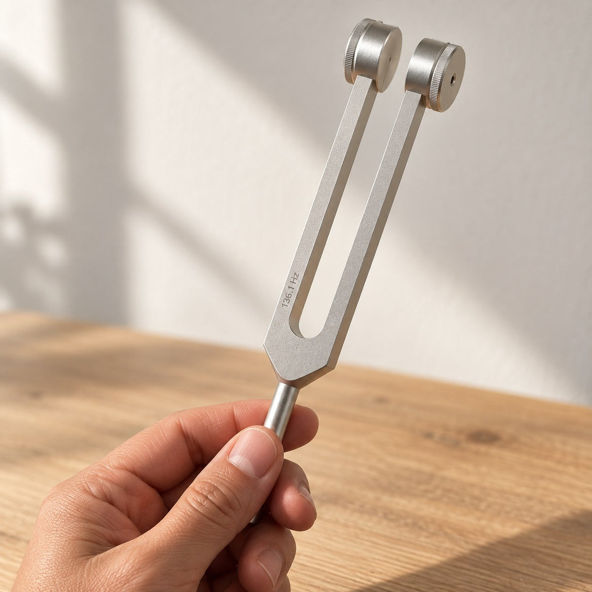 Weighted tuning fork held by the stem, tines upward