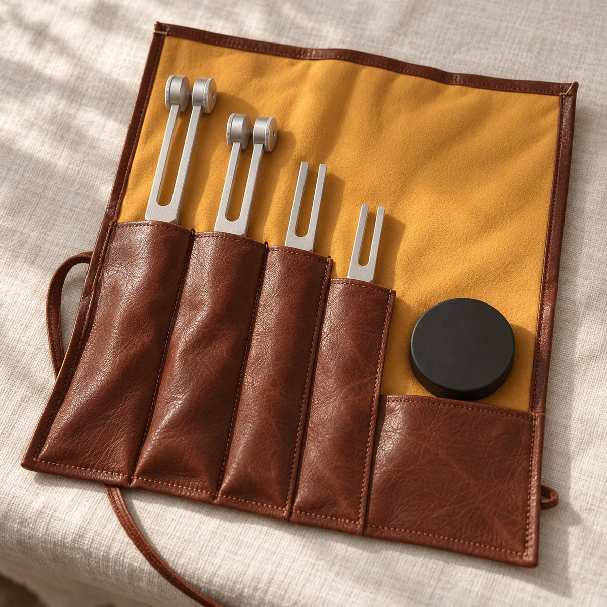 Leather roll pouch open with four tuning forks in their sleeves and the activator puck