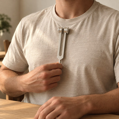 Weighted tuning fork stem resting on the chest below the collarbone