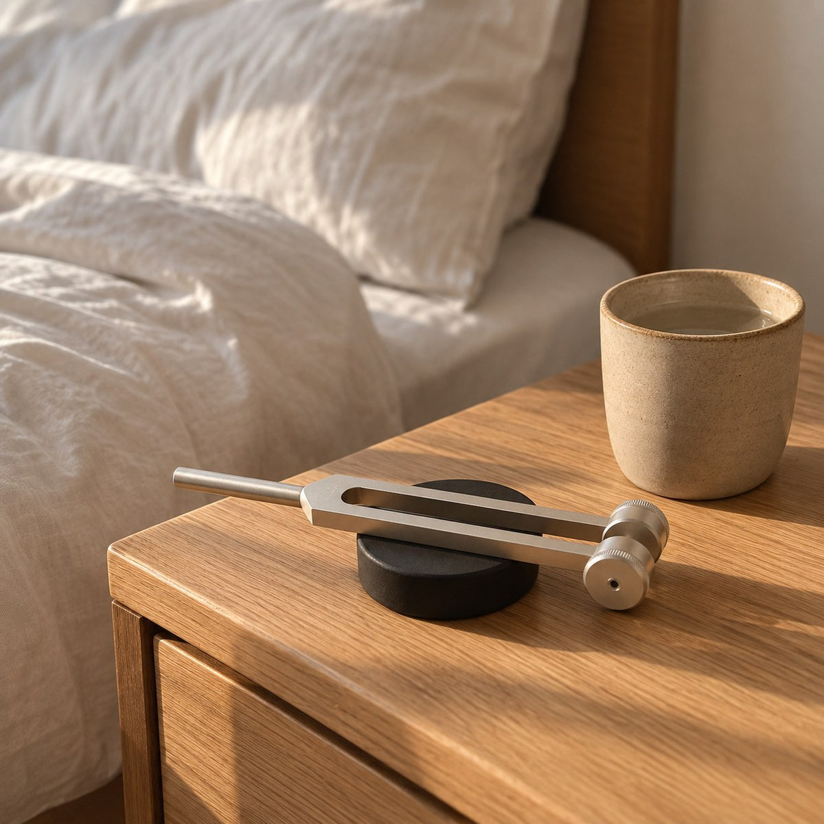 Weighted tuning fork on its activator puck on a nightstand in morning light