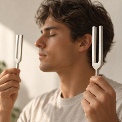 Two unweighted tuning forks held near the ear, eyes closed